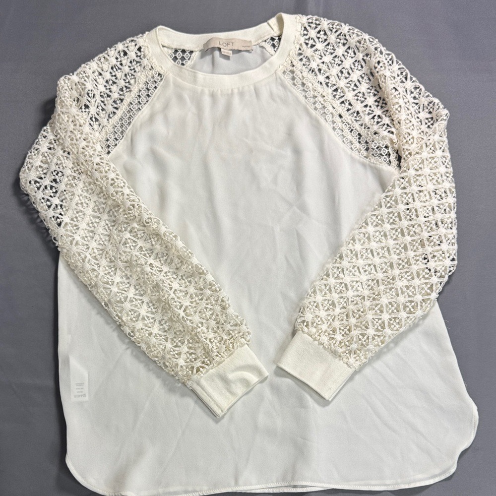 LOFT Petites White Lace Raglan Sleeve Blouse Top XXSP XXS Petite